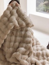 Plush Rabbit FauxFur SuperSoft Blanket Warm Cozy Luxury Camel Autum Winter Throw