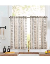 TOPICK Boho Linen Blend Kitchen Curtains 36" Drop Small Cafe Curtains Light 2pcs