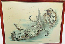 Signed Framed RALPH THOMPSON Textured Canvas Print  Leopard Cubs SURPRISE ATTACK
