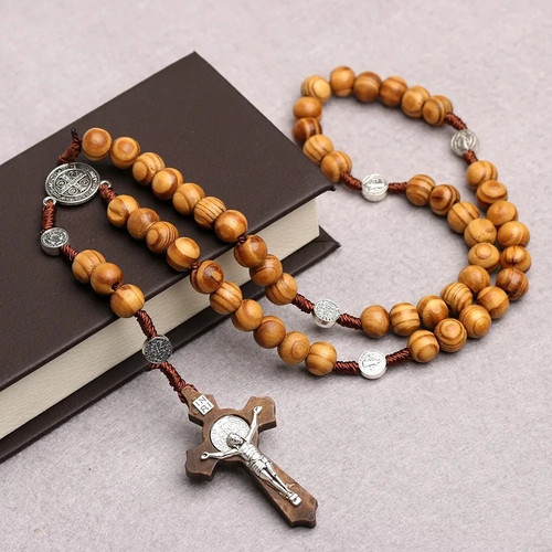 Wooden rosary necklace brown - necklace,