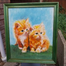 Framed, vintage painting on board of two ginger kittens.   Signed by artist 1985