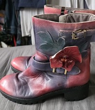 Socofy Ankle Boots Zip Shoes Size 39 EU 6 UK Purple Red Leather Floral Fur Lined