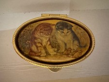 Vintage Oval Metal Pill Box | Cats & Kittens on Gold Background Lid Design