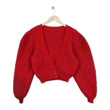 Vintage Mohair Cardigan Womens Size M Red Balloon Sleeve Relaxed