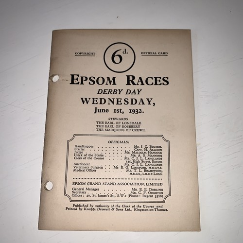 1932 epsom derby racecard - epsom,