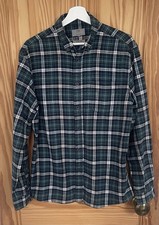 M&S Brushed Cotton Plaid Long Sleeve Shirt, Green Mix, Size M, 100% Cotton