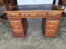 Antique Victorian small twin pedestal writing desk leather top