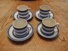 Set of 4 TG T G GREEN Cornishware Cup & Saucer Coffee Tea Mugs Blue stripe -VTG
