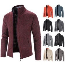 Mens Fleece Lined Cable Knitted Zip Up Cardigan Warm Winter Outerwear Jumper