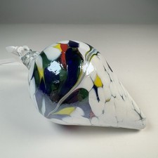 Glass Friendship Teardrop Decoration. White/Multi-Coloured & Hanging Ribbon