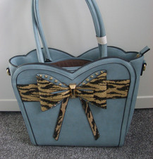 Moda Handbag With Shoulder Strap - Blue With Gold & Black Glitter Bow Decoration