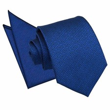 Royal Blue Mens Classic Tie Handkerchief Set Woven Greek Key Patterned by DQT