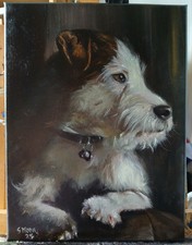 Terrier Dog Pet Portrait Painting Original Oil on Canvas Signed By Artist 