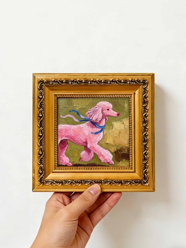 Pink poodle with blue ribbon - with,