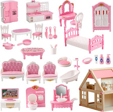 32 Pcs Pink Dolls House Furniture Set, Miniature 1:12 Scale Wooden Dollhouse Acc