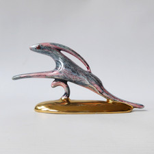 Vintage leaping hare figurine. Grey pink gold stylised jumping rabbit, 50s retro