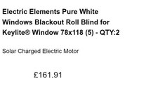2 White Solar Powered Roller Blinds Suitable For Keylite Skylights 78 X 118