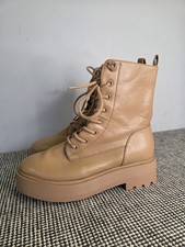 Primark Womens Lace Up Boots Size 5 UK Beige Tan Zip Up Chunky 