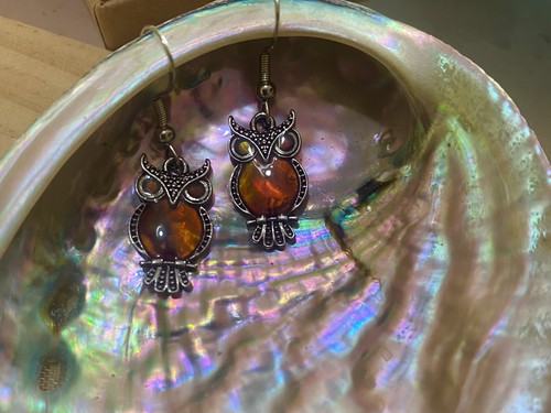 Abalone orange owl earrings - owl,