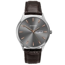 Sekonda Watch 1685 Mens Grey Dial Brown Leather Strap RRP £34.99