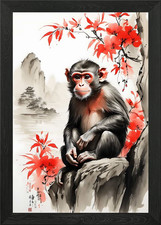 Monkey Japan Ink Art Framed