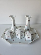Vintage 6 Piece Ceramic Floral Dressing Table Vanity Set White With Pink Flowers
