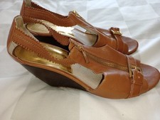 Michael Kors Ladies Wedge Sandals Sz8 Brown Leather Zip Closure Elasticated Stra