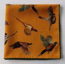 Silk pocket square handkerchief. Mustard Pheasants Hunting. Hand rolled.