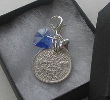 Perfect Bride Wedding Gift Something Blue Crystal Heart & Lucky Sixpence Charm