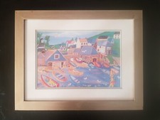 Seaside Town by John Dyer Cornish artist framed art print 35.5cmH x 45.5cmW