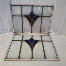 Pair Of Reclaimed Leaded Light Stained Glass Panels- White/Orange/Blue-Fair Cond