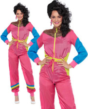 Ladies 80s Ski Suit Pink Neon Rewind Shellsuit Adulds Retro Fancy Dress Costume