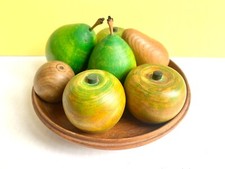 Carved Stained Wooden Fruit Set 7x in a Turned Wood Carved Bowl