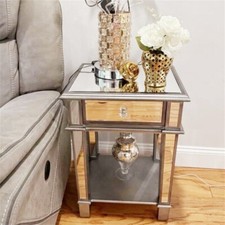 Mirage Mirrored Accent Table w/ Drawer Crystal Knob Matte Silver Trim Nightstand