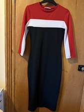 NWOT Zara Red, White & Blue Midi Dress With Long Sleeves Size S