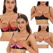 UK Women Sexy 1/4 Cup PVC Leather Lace Bra Push Up Underwired Shelf Bra Bralette