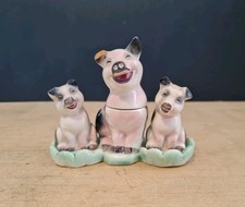 ANTIQUE PIG FIGURINE CRUET SET SALT PEPPER MUSTARD THREE LITTLE PIGGIES 