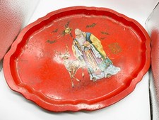 VINTAGE CHINESE JAPANESE ENAMEL METAL TIN COFFEE TEA SERVING DRINKS TRAY SIGNED