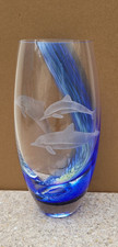 Caithness hand made studio glass wave and dolphin vase etched dolphins
