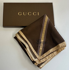 GUCCI SCARF SQUARE SILK BROWN GOLD CHAIN DESIGN BOXED LABEL 26" ROLLED EDGES