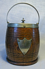 Vintage Antique Beer Keg Shaped Oak Biscuit Barrel Ice Bucket Wood Wooden
