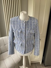 H&M BLUE WHITE BOUCLE TEXTURED CHECK SHORT JACKET BLAZER TWEED SIZE 8 XS SMALL