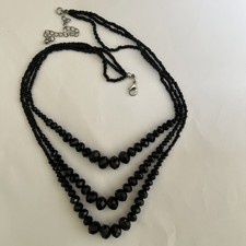 Vintage 1980’s 90’s Faceted Black Glass Bead French Jet three strands Necklace 