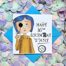 Colourful, illustrated Personalised, 3D Real button Coraline, Birthday card 