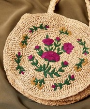 Floral Embroidered Round Straw