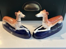 Pair Antique 19thC  Staffordshire Greyhound Whippets Pottery Pen Holder Inkwells