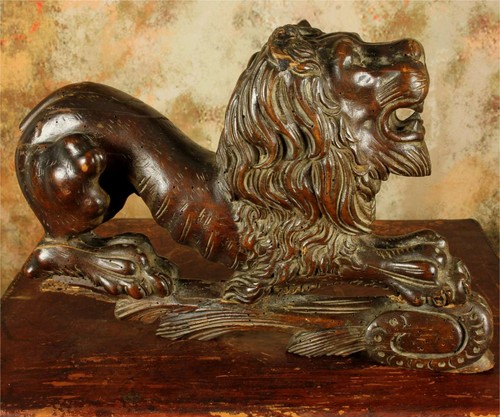 Antique carved wood lion - wood,