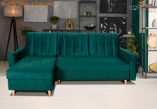 Corner Sofa Bed with Two Storages. Green Velvet Fabric Sofa Bed. Wooden Legs.