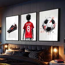 Personalised Football Prints Wall Art Red Black Posters Boys Bedroom Set of 3