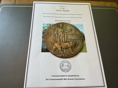 Ww1 memorial plaque john ryan - plaque,
